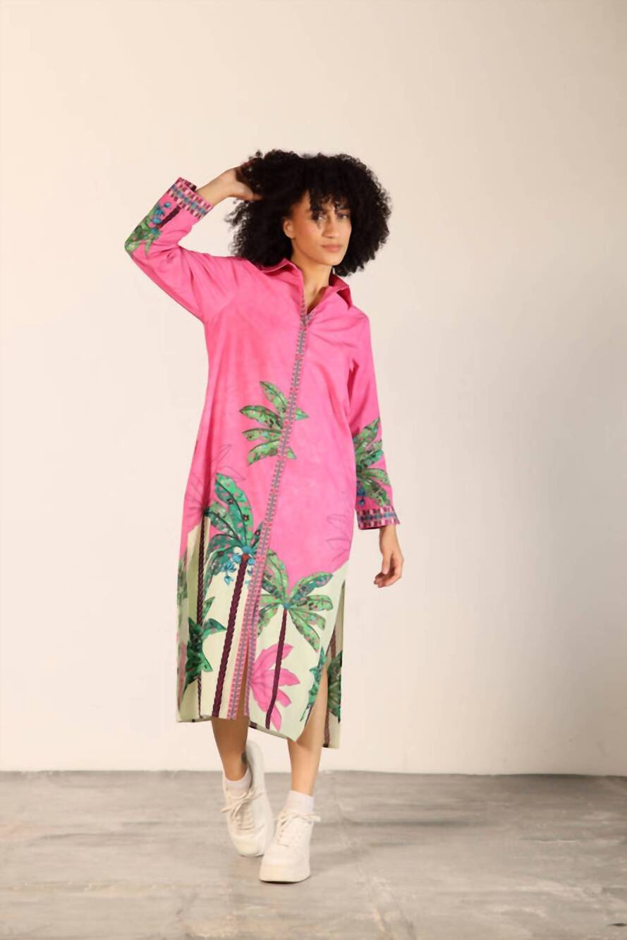 NEW MAUDE VIVANTE eliza poplin button down midi dress in pink tropics print